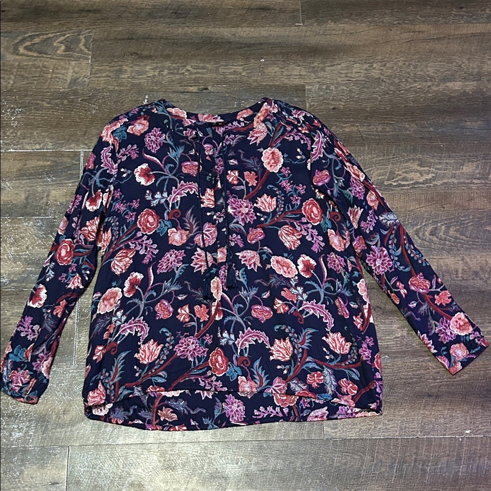 Lucky Brand Navy Blue Floral Blouse Size L Long‎ Sleeve Bohemian Lightweight Top